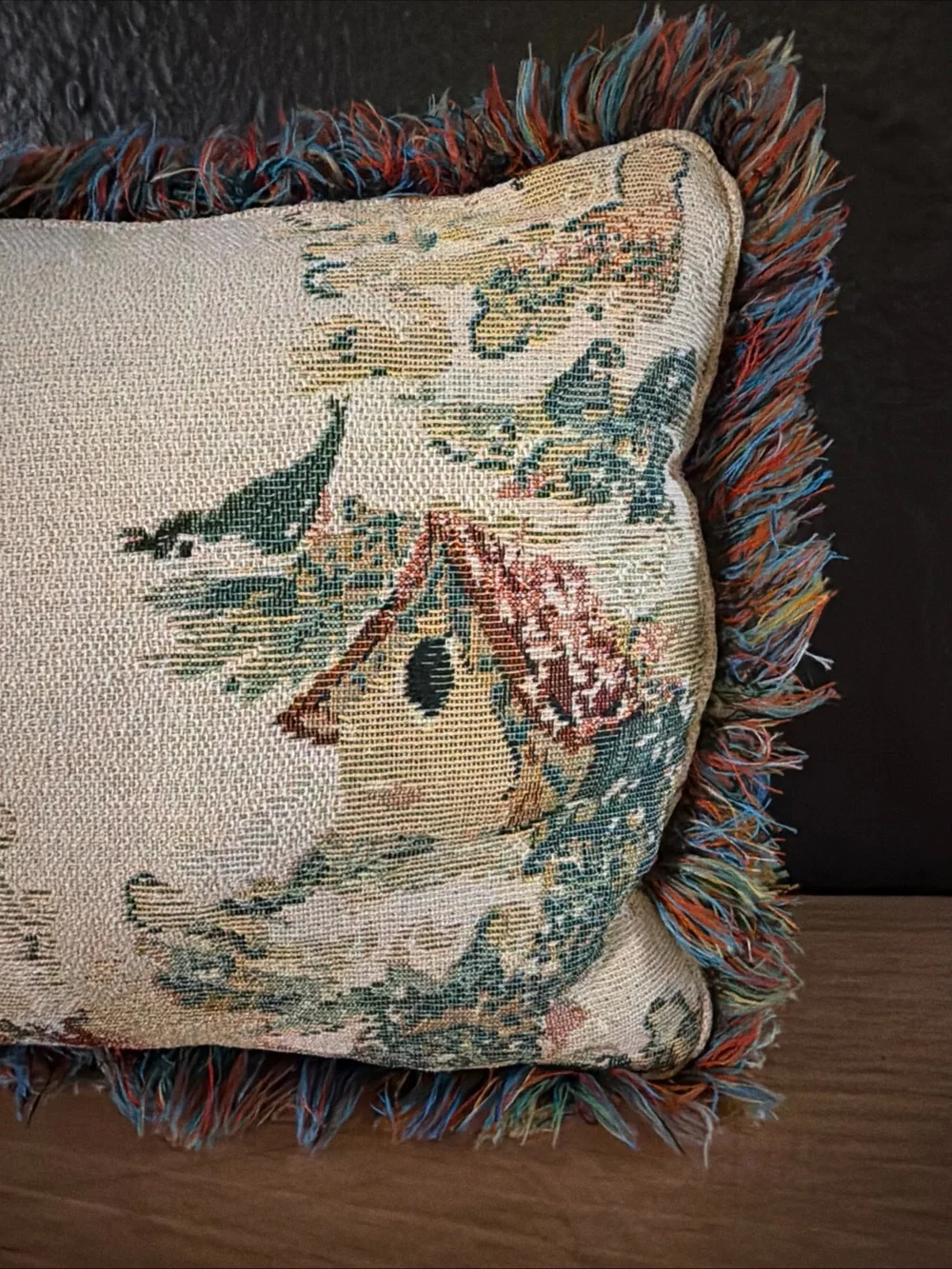 Vintage HALLMARK Santa Birdhouse Woven Tapestry Fringe Throw Pillow Christmas